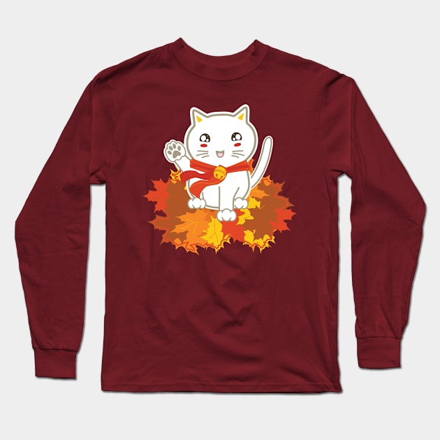 Lucky Cat in Fall Long Sleeve T-Shirt by KimonoKat